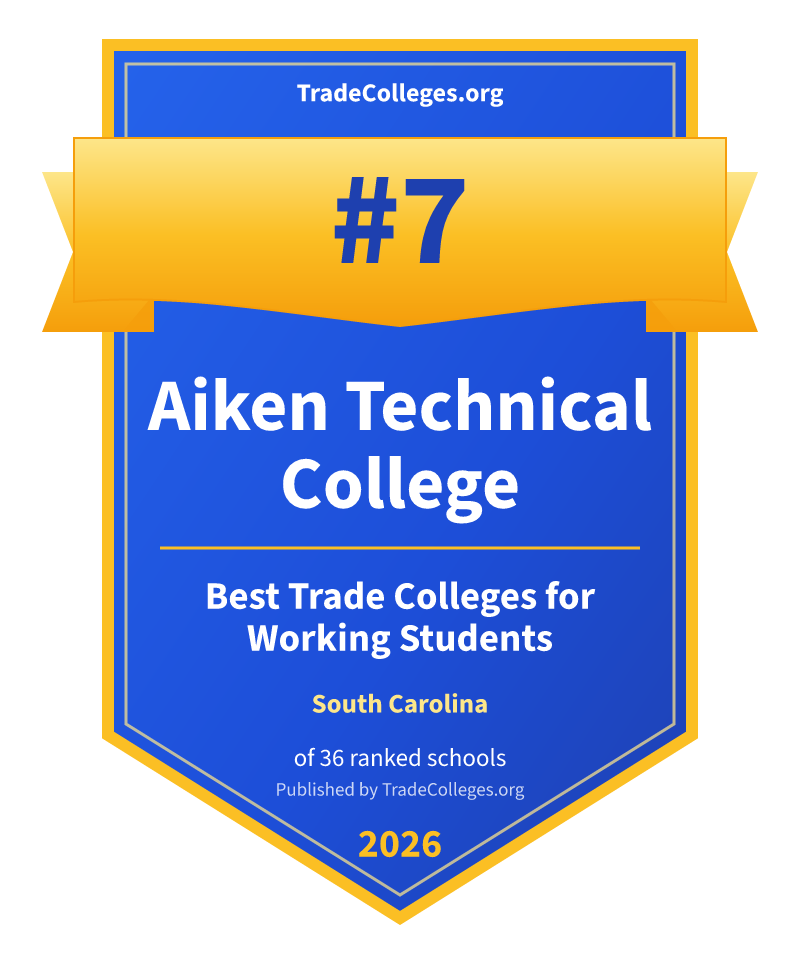 Aiken Technical College — #7 of 36 ranked trade colleges for working students in South Carolina, TradeColleges.org 2026
