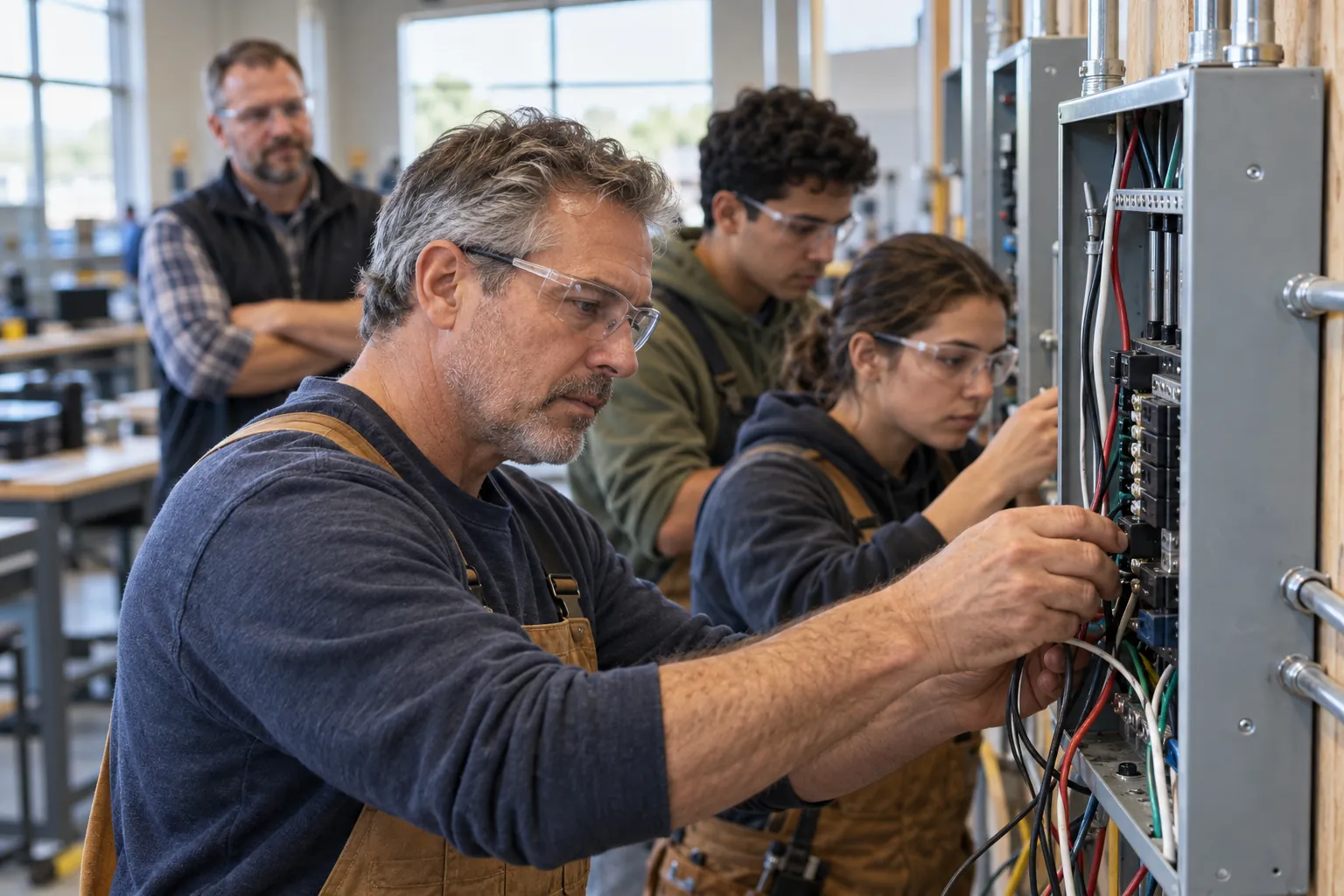 A gray-haired apprentice in his late forties wiring a practice electrical panel alongside younger apprentices as an instructor watches in a training lab