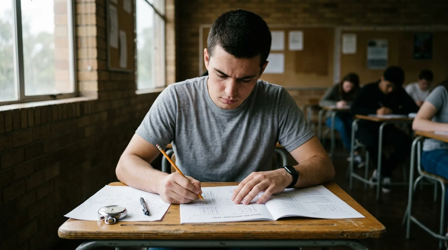 Apprenticeship candidate sitting at a desk taking a paper aptitude test with pencil, scratch paper, and a stopwatch on the table