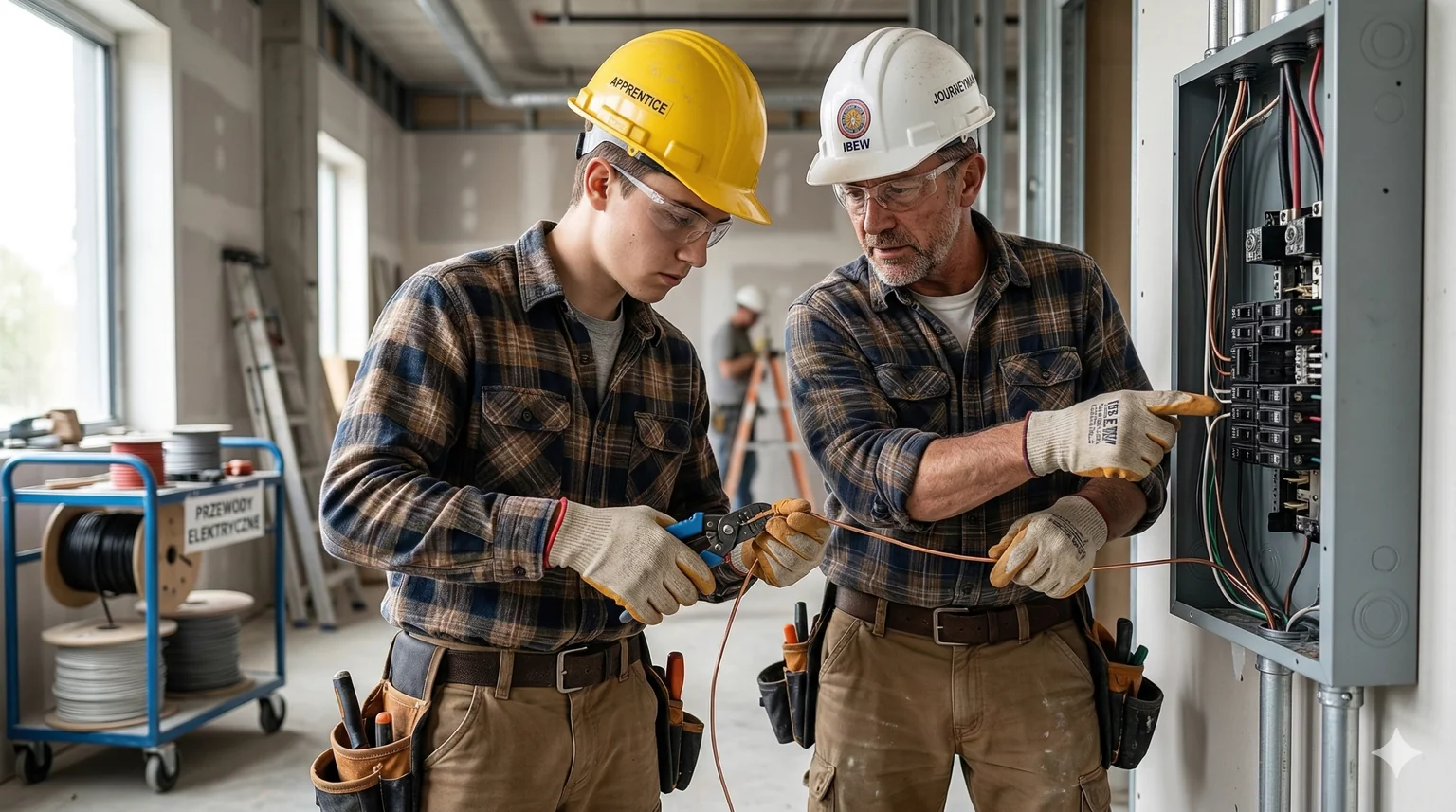 A young apprentice in a hard hat working alongside a journeyman electrician on a job site, representing the earn-while-you-learn model of registered apprenticeships