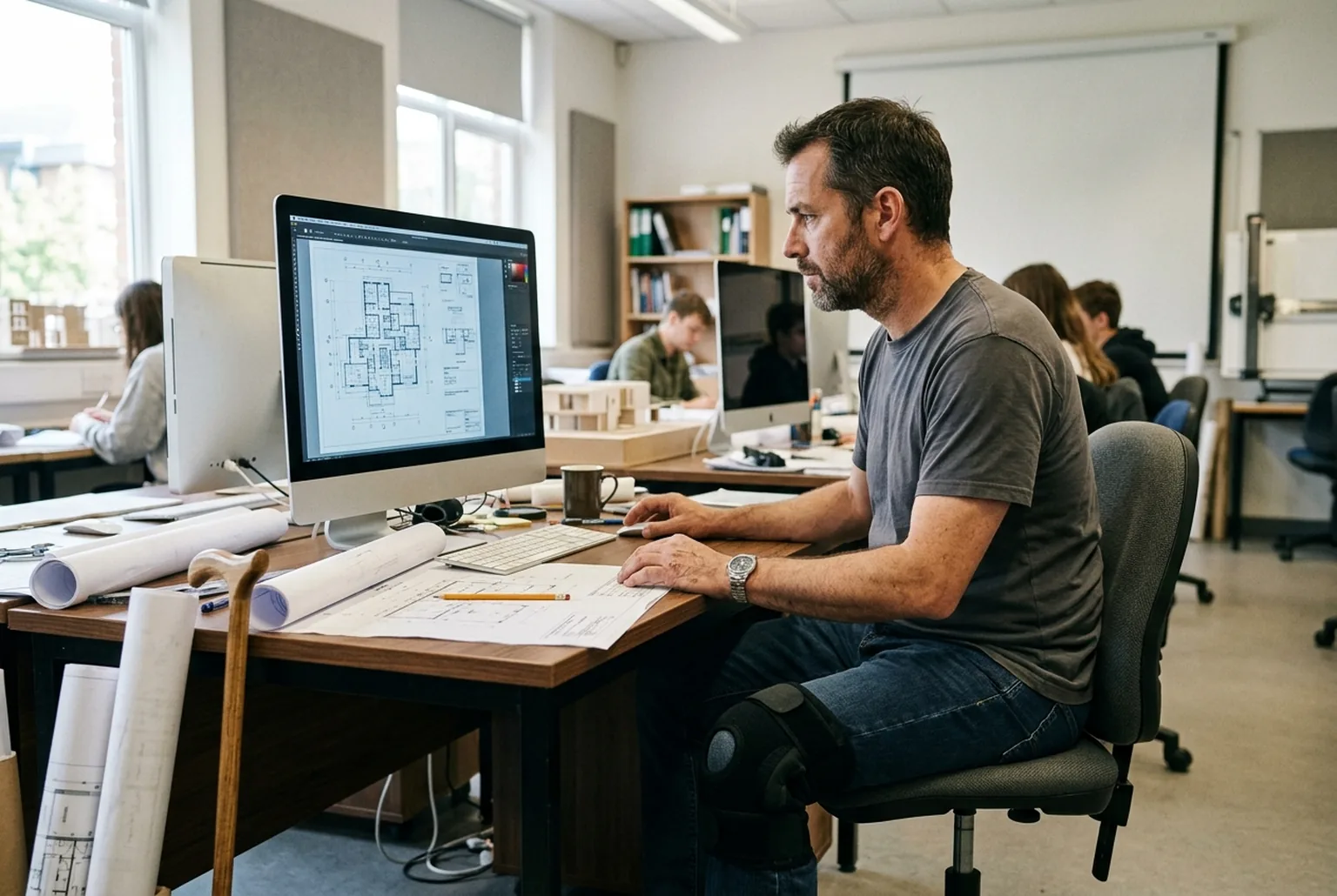 A former construction worker with a knee brace studying building plans on a computer at a drafting workstation