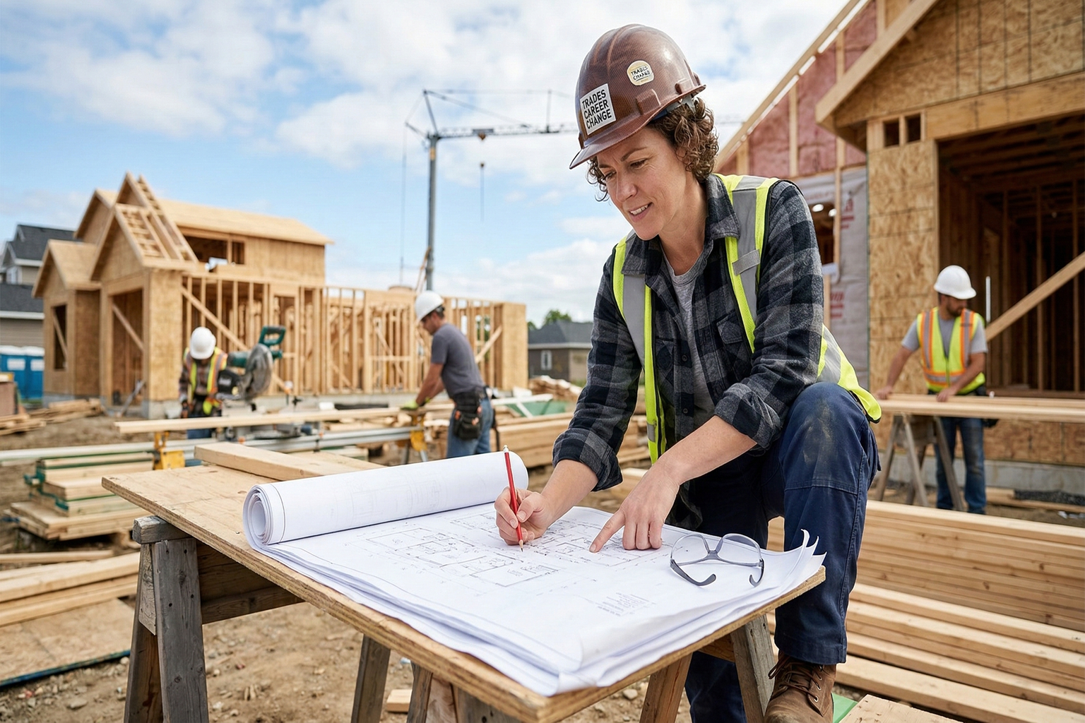A mid-career adult in work clothes studying blueprints on a construction site, representing a professional career change into the skilled trades