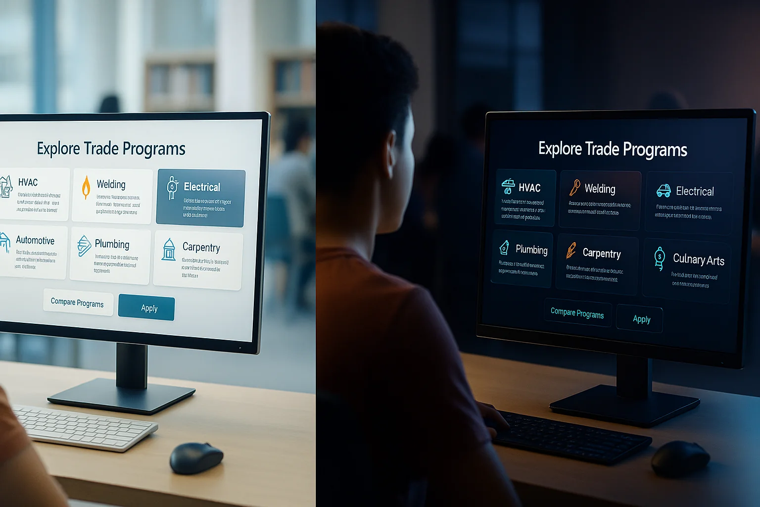 Student looking at different trade program options on a computer screen