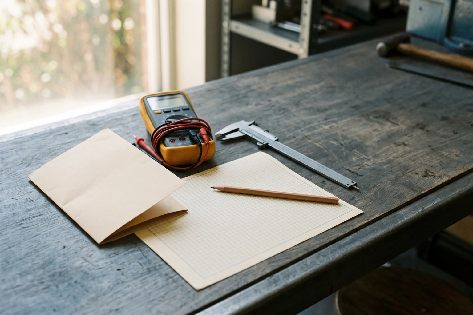 A high school transcript lying face down on a workbench beside a multimeter and a set of calipers, representing trade school admissions weighing hands-on aptitude over past grades
