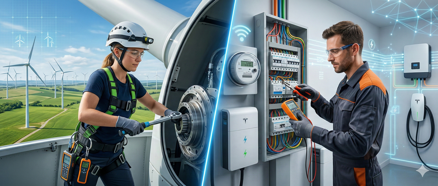 Split image showing a wind turbine technician and an electrician working, representing fastest-growing trade careers
