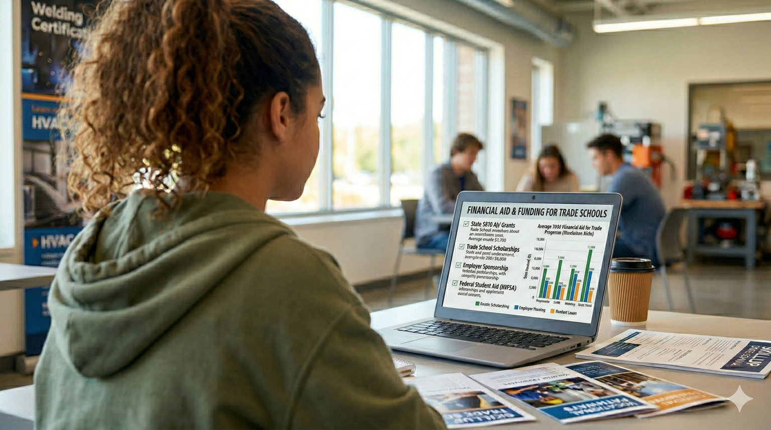 Student reviewing financial aid options for trade school on a laptop