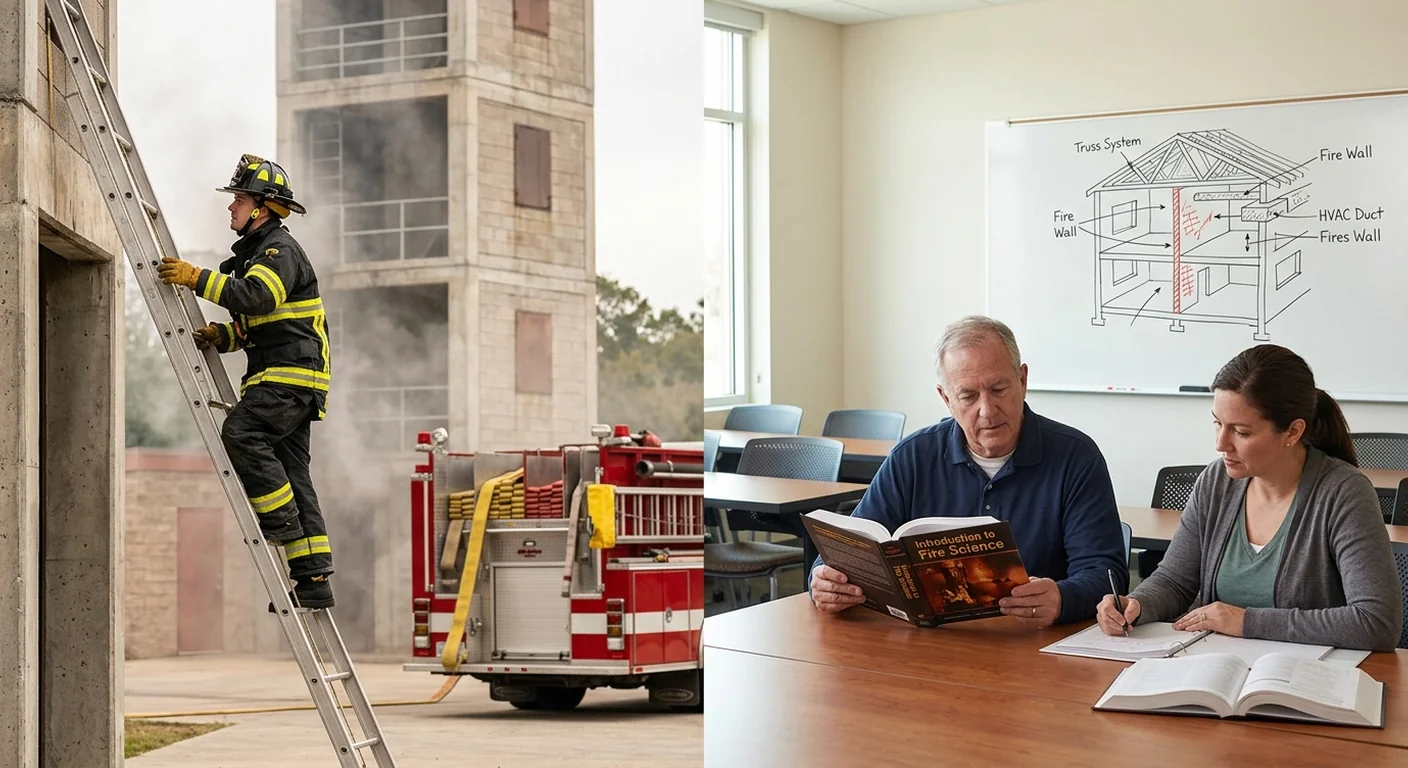 Fire science classroom at a community college with students reviewing tactical diagrams alongside a fire academy drill ground visible through a window