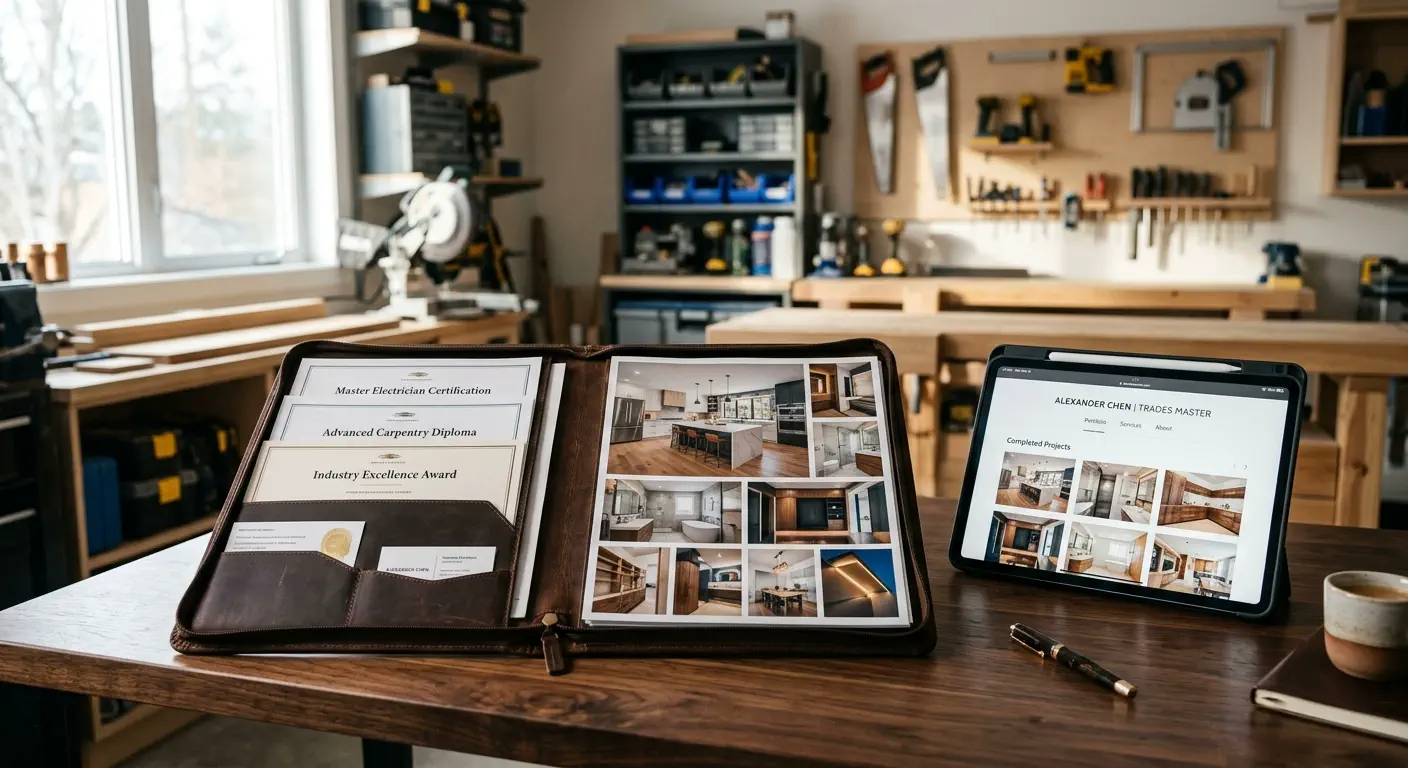 Wide-angle photograph of a professional trade portfolio and a digital tablet on a modern workspace desk