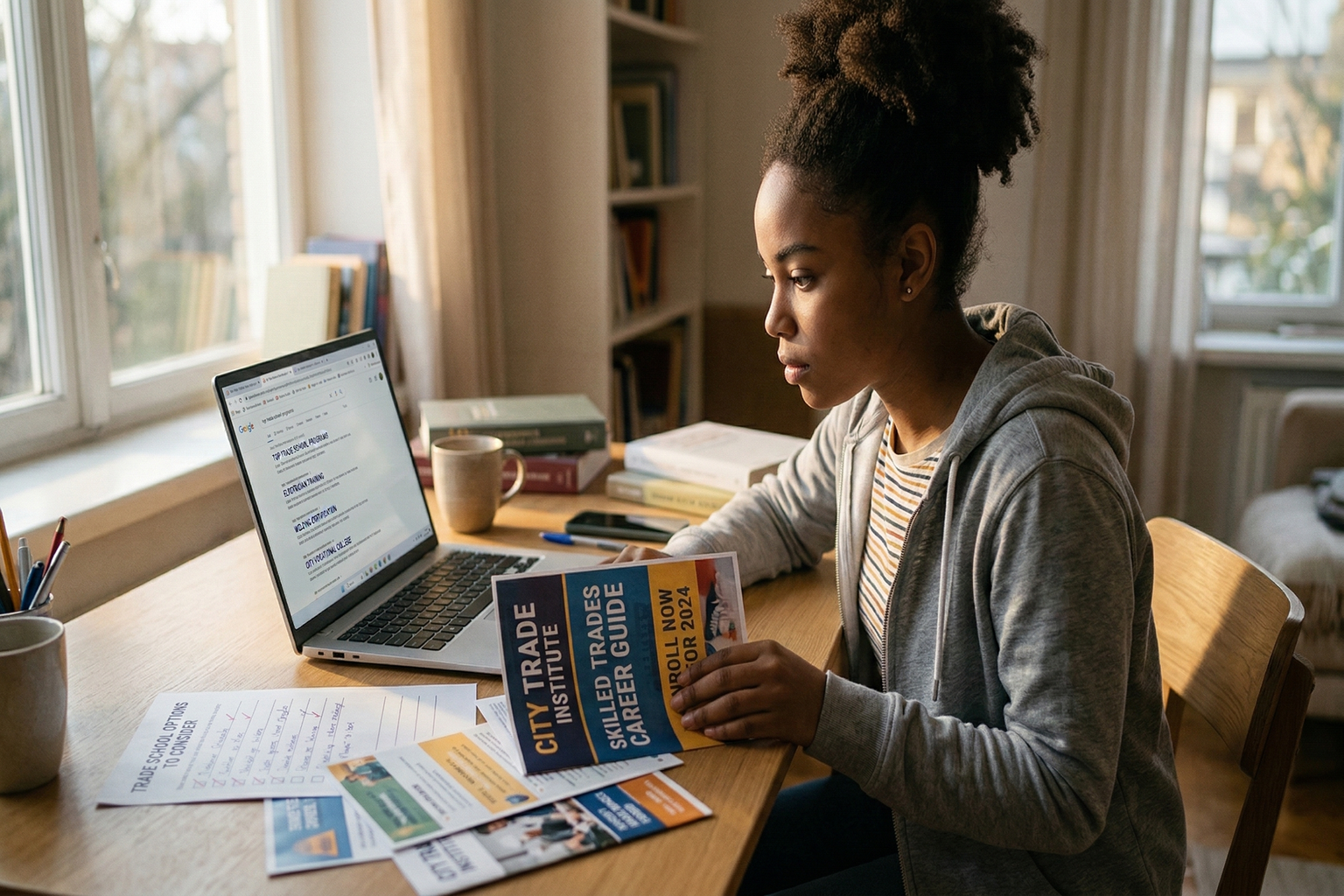 Student reviewing documents and a laptop at a desk, researching trade school options before enrolling