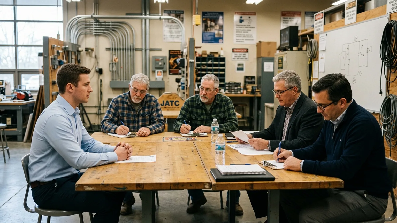 A young IBEW apprenticeship candidate in business-casual attire being interviewed across a wooden table by a panel of NECA contractors and IBEW journeymen at a JATC training center, representing the ranked-list selection process