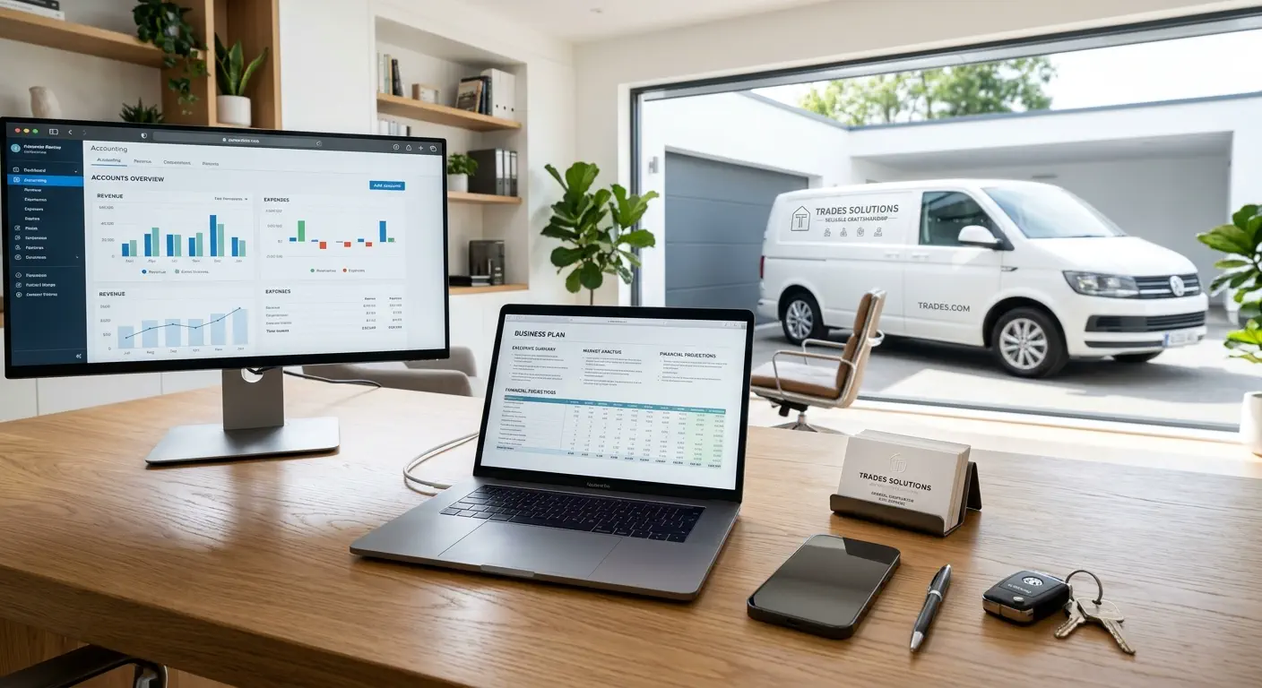Wide-angle photograph of a modern home office with a business plan on a laptop and professional trade business equipment