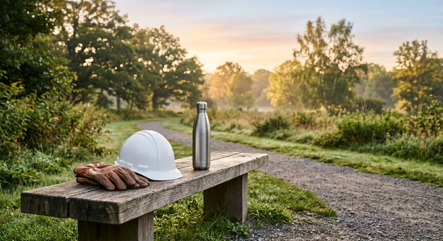 Wide-angle photograph of a hard hat and work gloves on a park bench at sunrise, symbolizing work-life balance and mental health in the trades