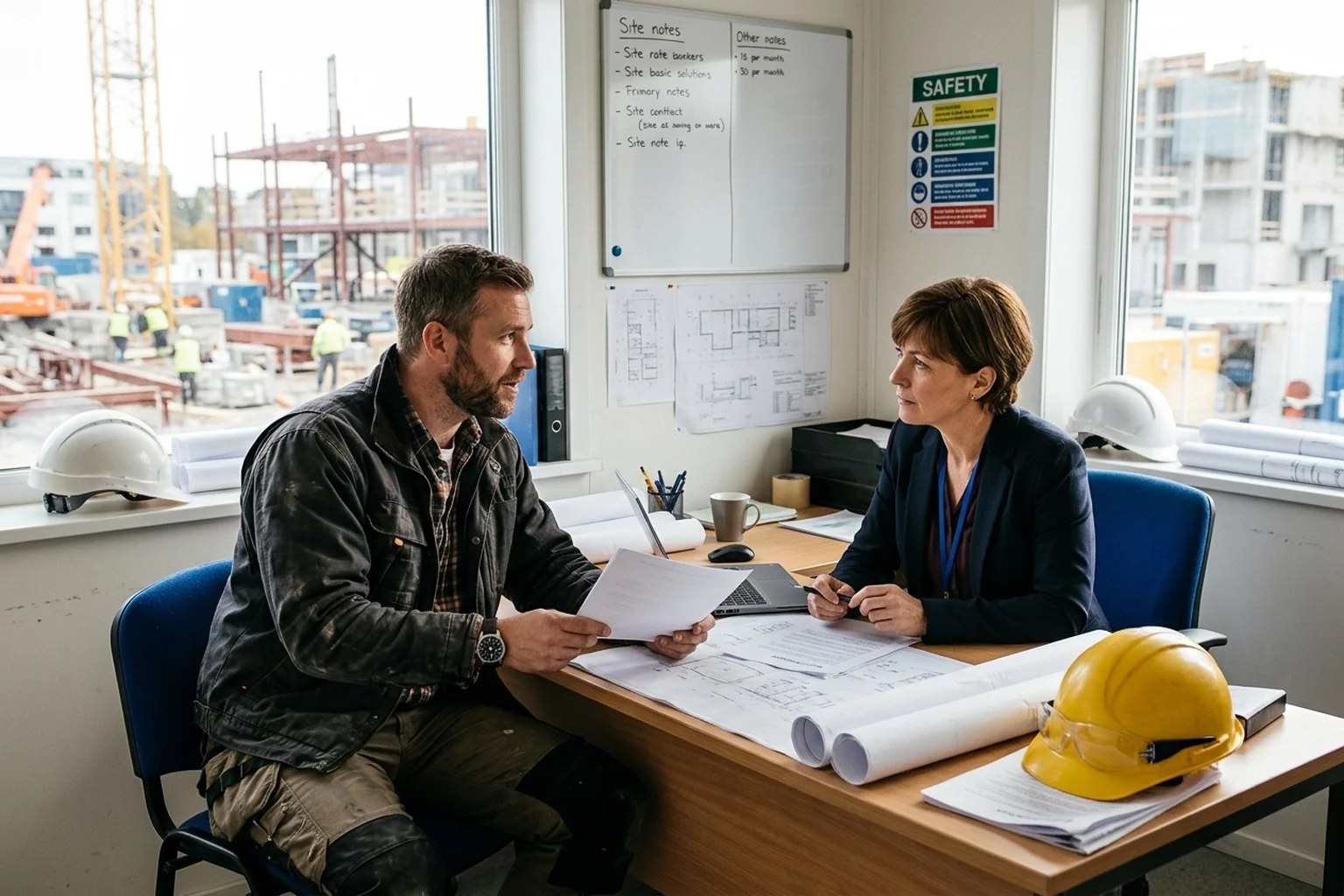 Tradesperson reviewing pay documentation and compensation data at a workbench
