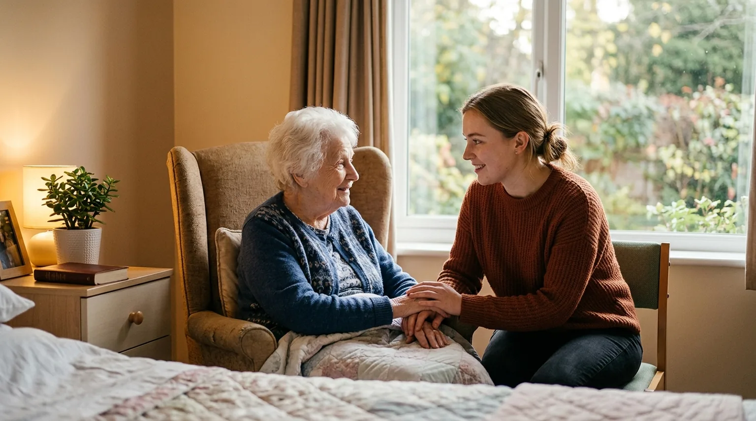 A young student volunteer sitting beside an older woman in a homelike care residence, holding her hand and listening warmly, representing hands-on patient-care experience before a healthcare program