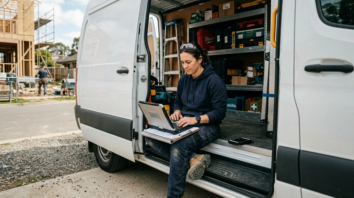 A trades professional in a service van using a laptop and tablet between job sites, representing mobile and location-flexible trade work