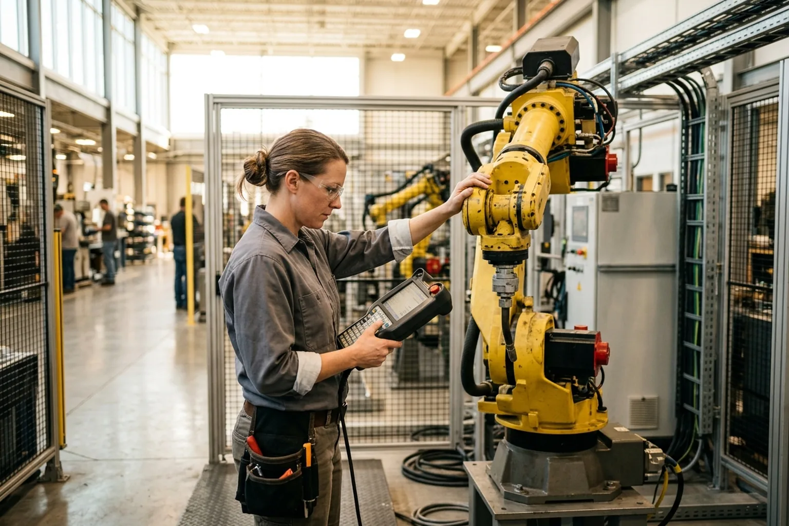 Technician in work gear using a teach pendant to service an industrial robot arm on a manufacturing floor