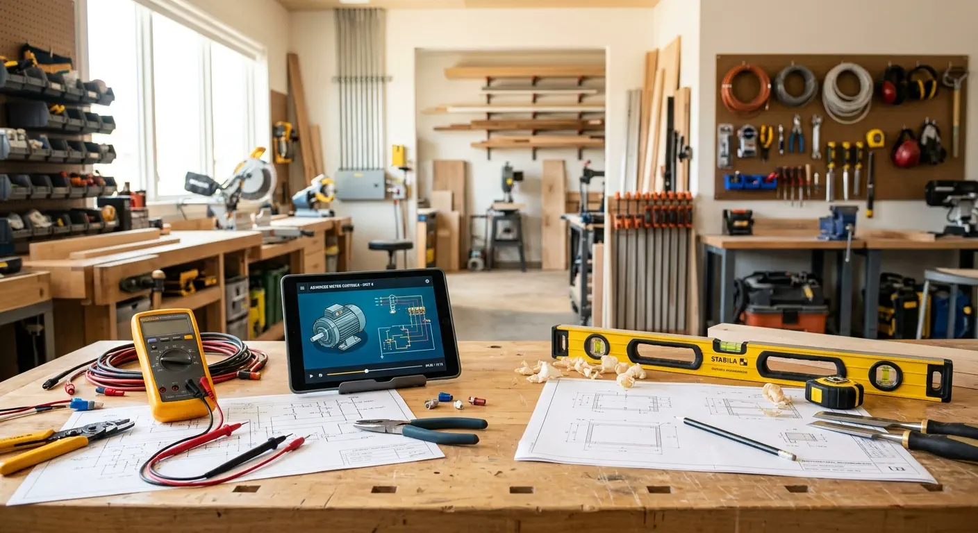 Wide-angle photograph of electrical and carpentry tools on a modern workbench with a digital tablet displaying training materials