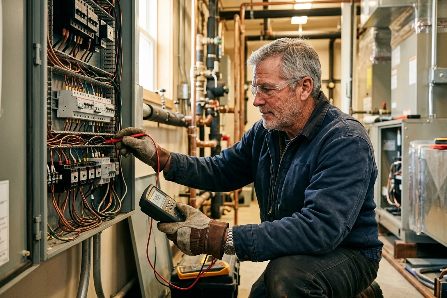 A worker in their fifties wearing safety glasses and reviewing building plans on a job site, representing a second career in the skilled trades