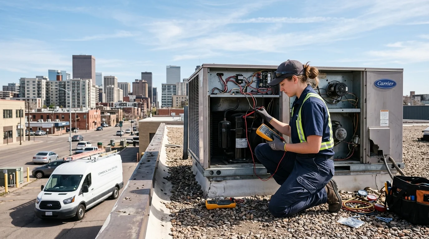 A mobile HVAC technician diagnosing a rooftop unit, representing varied, hands-on trade work suited to ADHD and kinesthetic learners