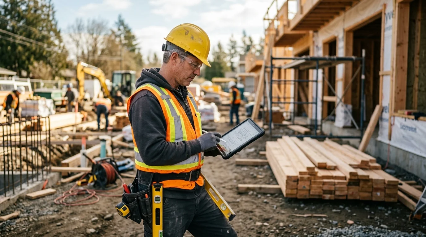 A worker in their forties in safety gear consulting a tablet on a construction site, representing a mid-career change into the skilled trades