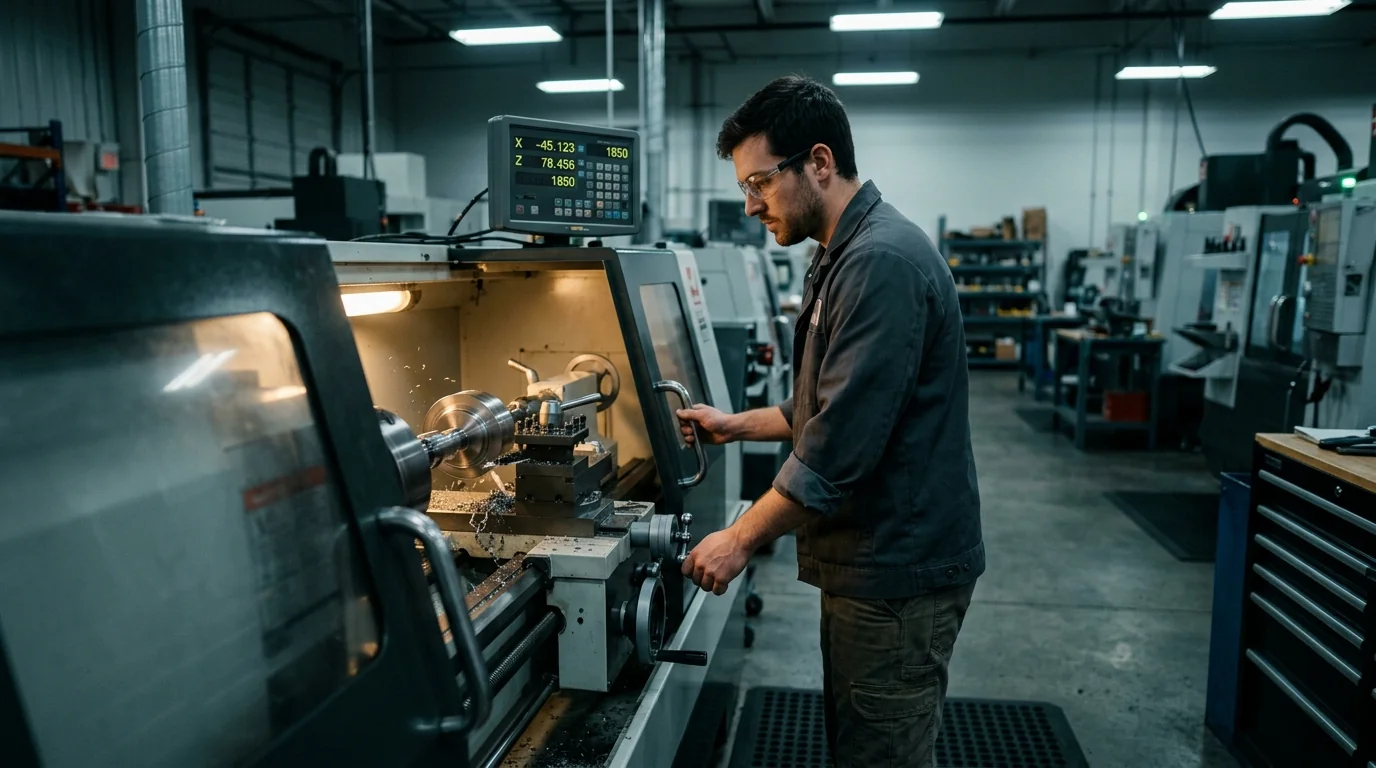 A machinist working alone at a CNC lathe in a quiet shop, focused on the workpiece and a digital readout, representing a trade career with low interpersonal demands