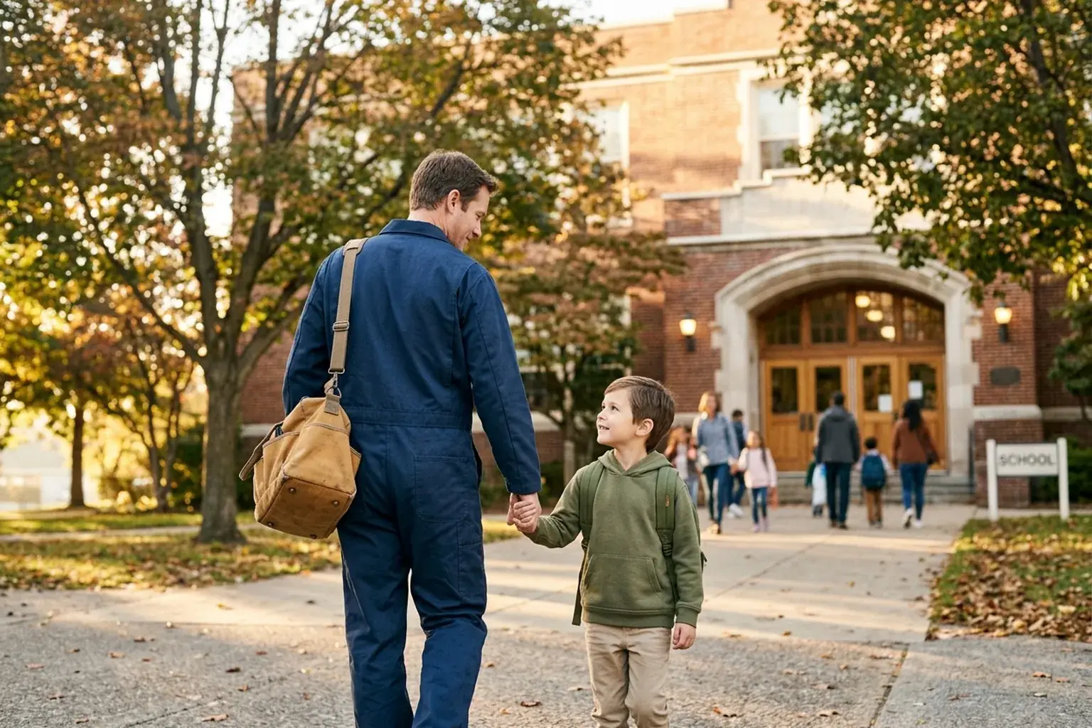 A parent in work attire with a tool bag walking their child toward a school entrance in the morning, representing trade careers compatible with family schedules