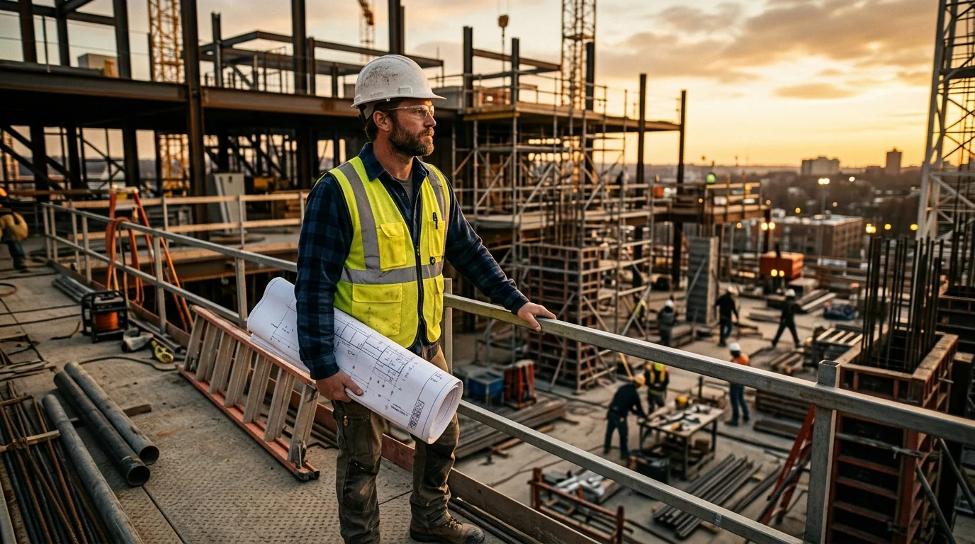 A worker in a hard hat and safety vest at a construction site reviewing blueprints, representing a second-chance career path into the skilled trades after incarceration