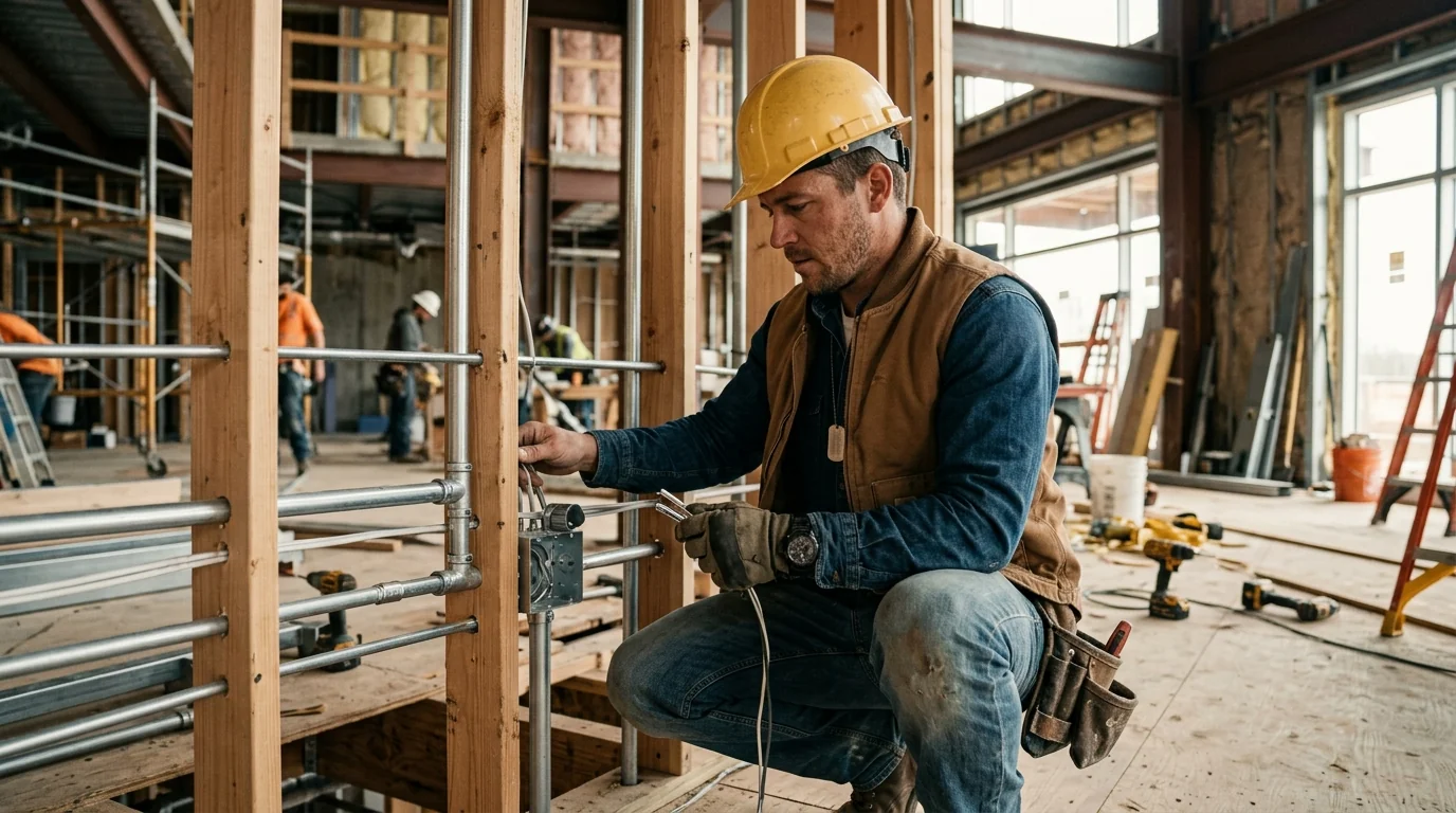 A military veteran in civilian work clothes inspecting electrical conduit on a construction site, representing the transition from active service to a skilled trades career
