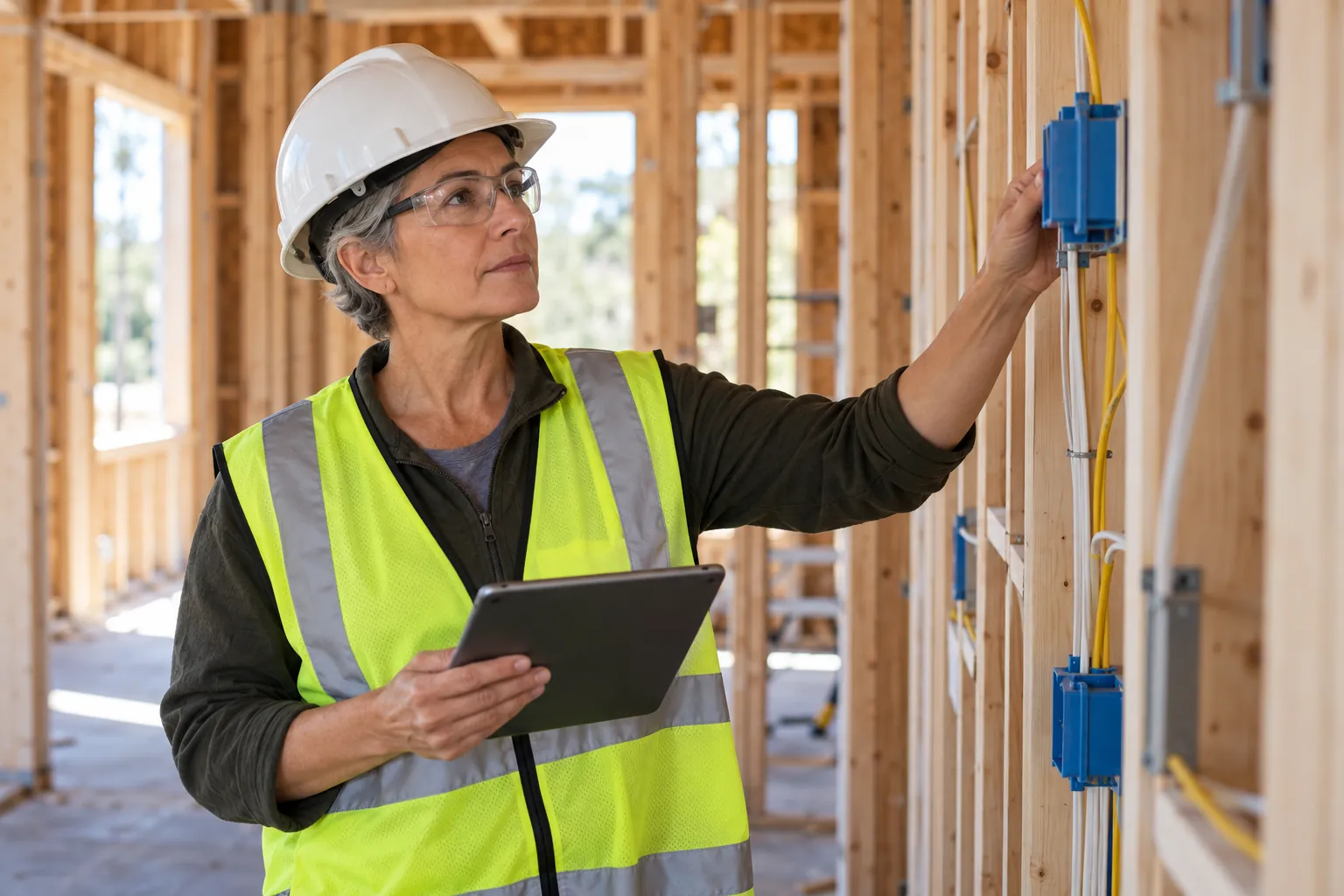 A woman in her fifties wearing a hard hat, safety glasses and a hi-vis vest inspecting electrical boxes on wood framing in a house under construction while holding a tablet