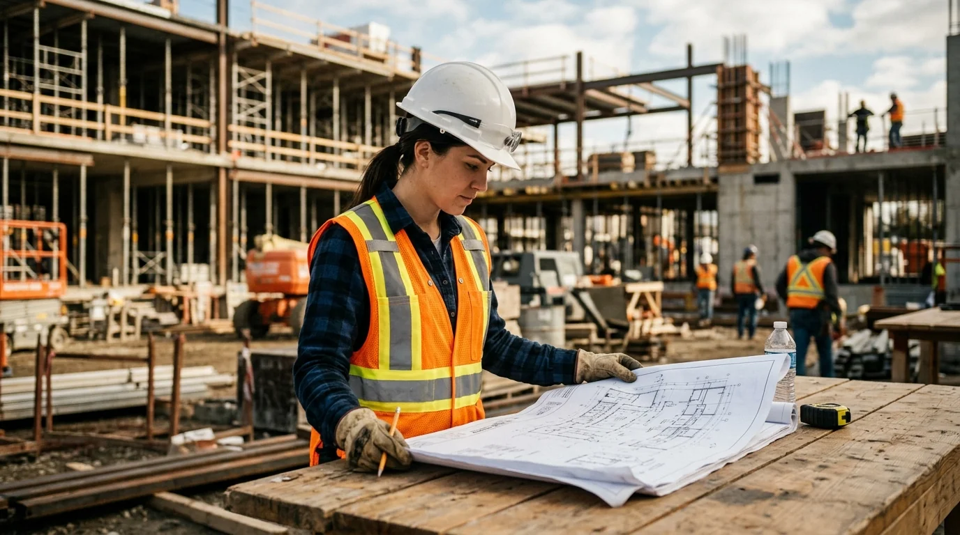 A woman wearing a hard hat and safety vest reading construction blueprints on a job site, representing a career in the skilled trades