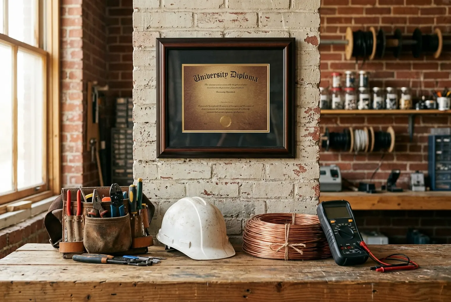 A framed college diploma hanging on a workshop wall above a workbench with an electrician's tools, representing a degree holder moving into the skilled trades