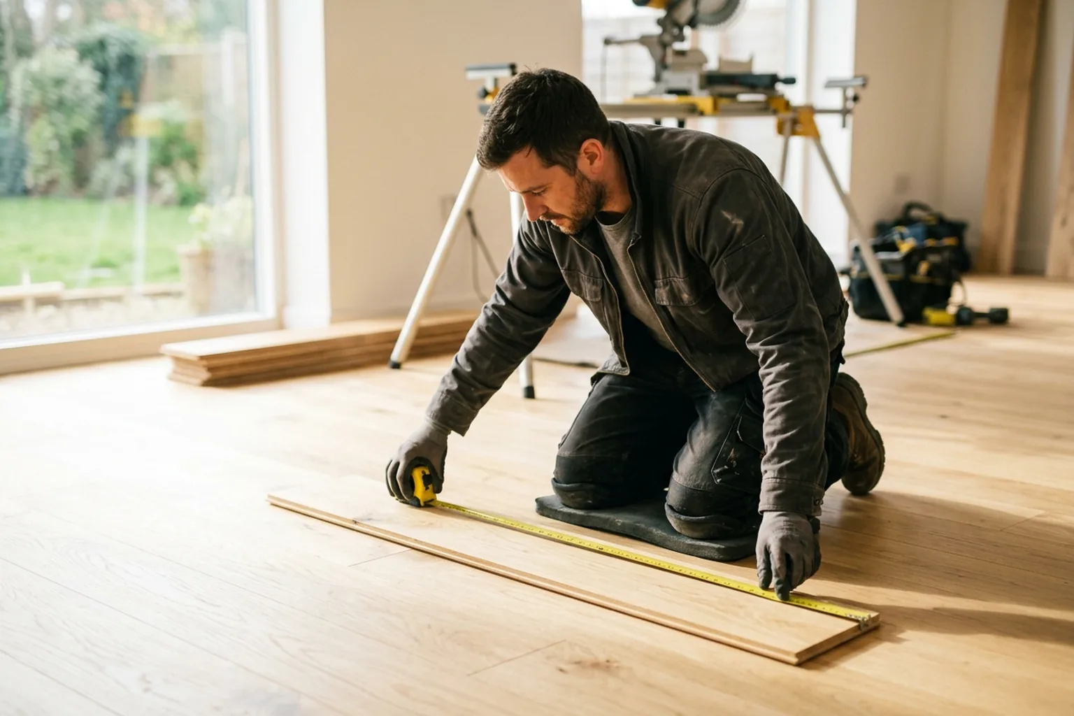 A flooring installer measuring a plank with a tape measure, representing trade careers that use practical measurement rather than advanced math