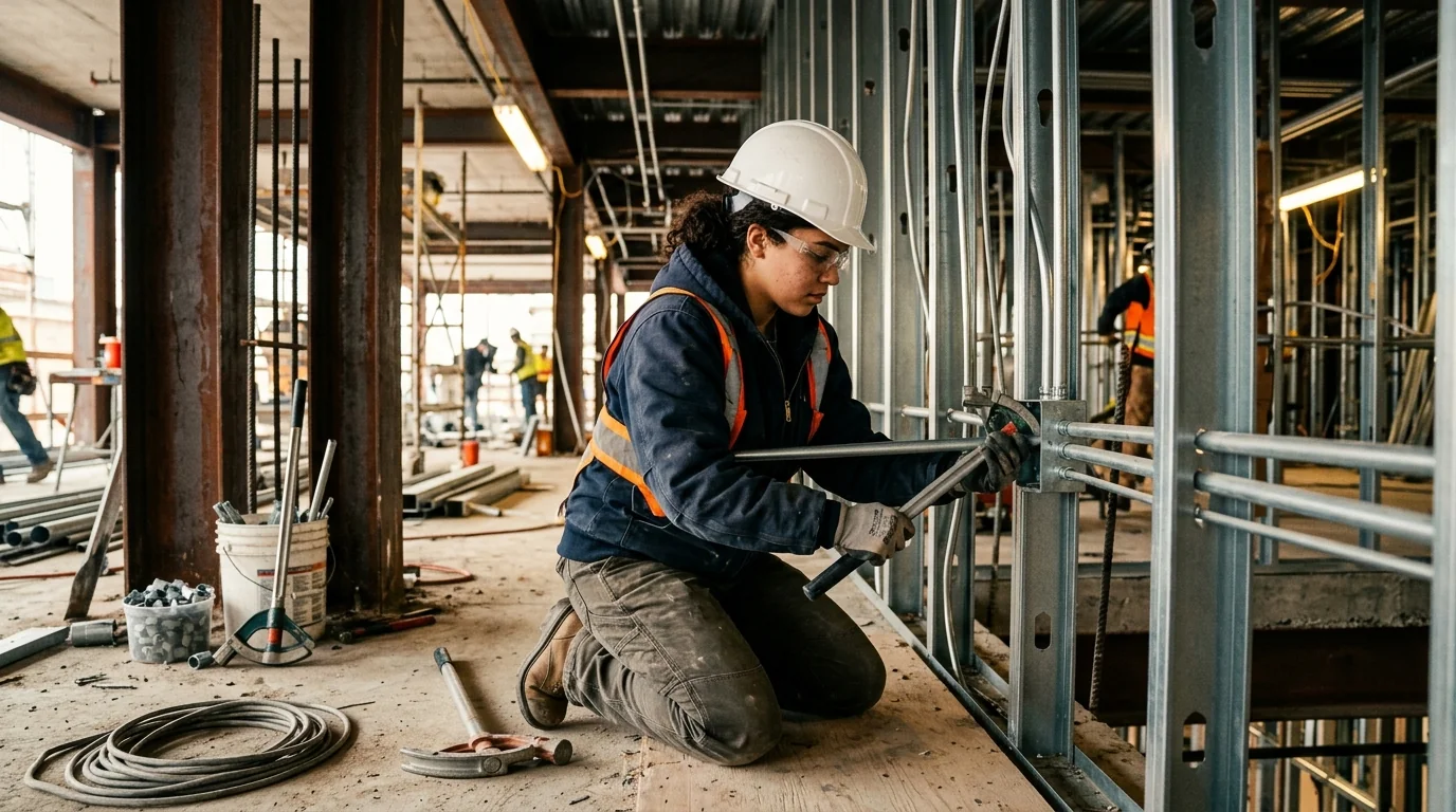A young electrical apprentice working with conduit on a commercial job site, representing a paid trade training path that builds skills without student debt