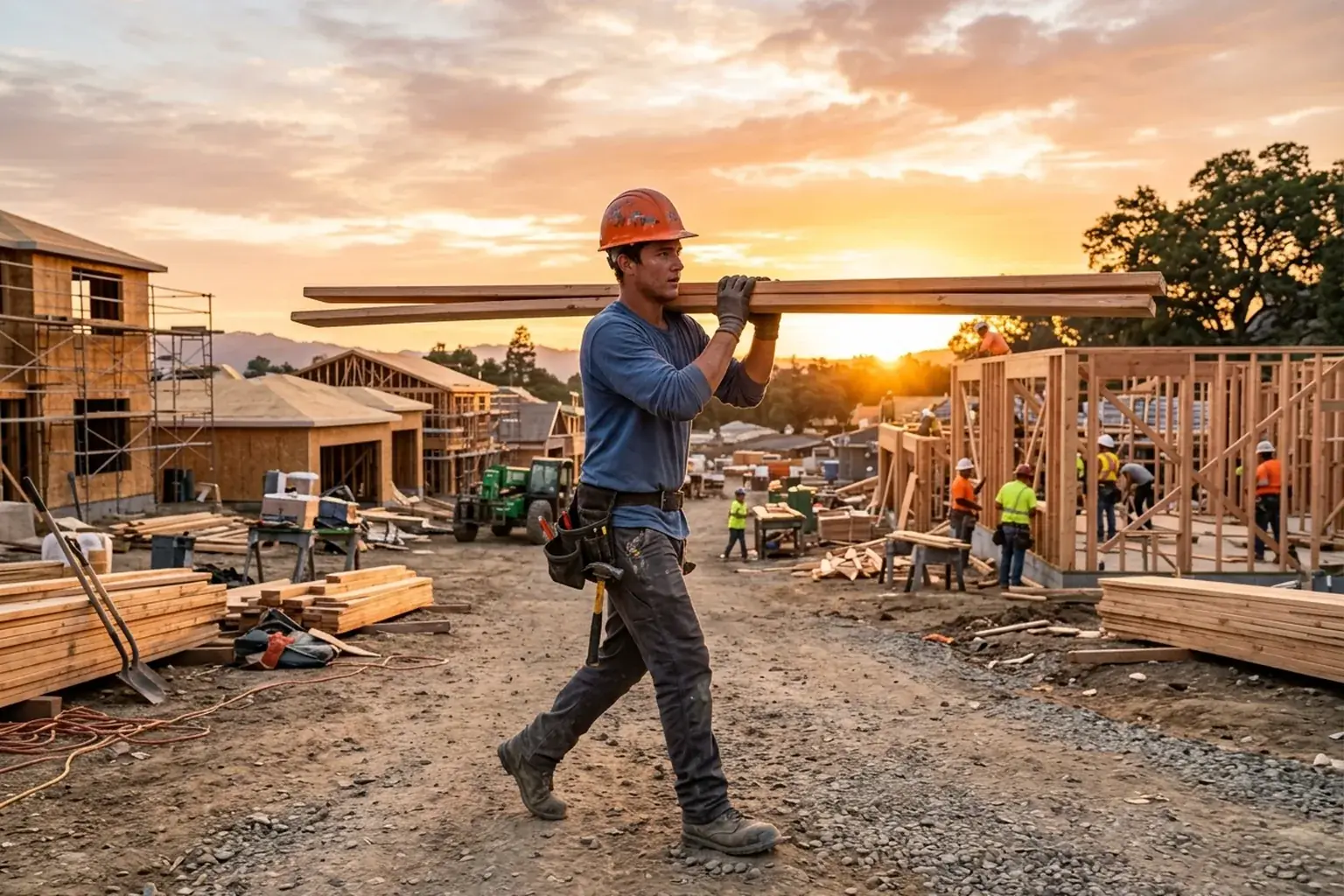 A young construction laborer carrying lumber on an active residential job site at sunrise, representing trade careers open without a high school diploma