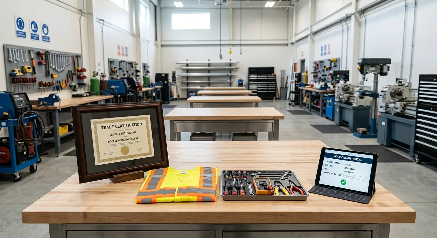 Wide-angle photograph of a framed certification document and professional trade tools on a modern workshop workbench