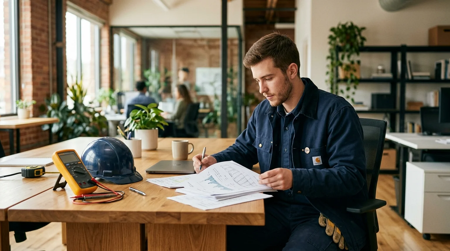 Graduate reviewing student loan documents with trade tools and a calculator on a desk