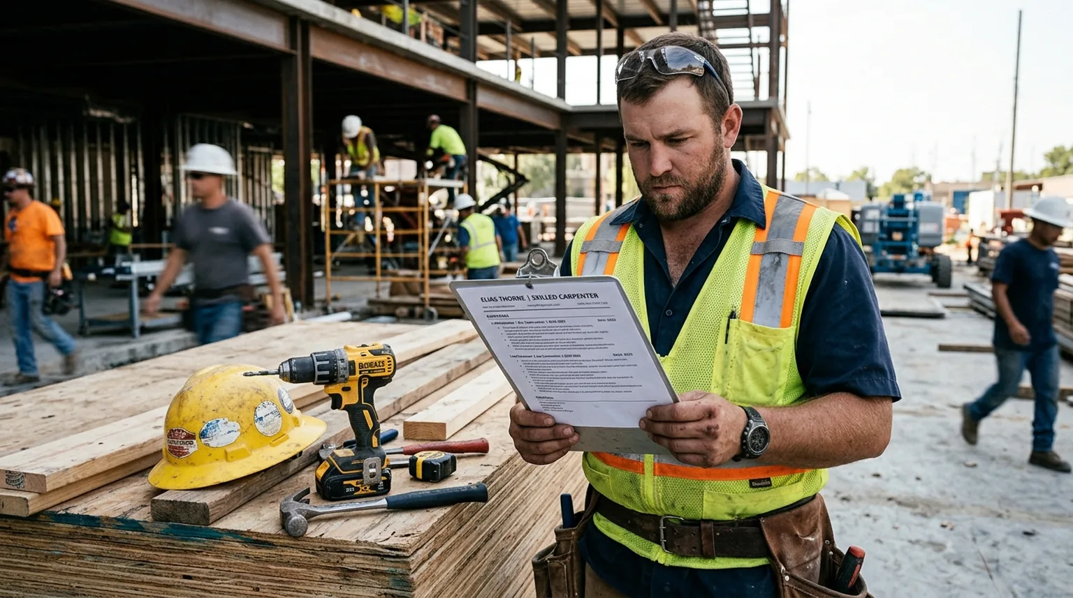 Skilled trades worker reviewing a printed resume on a clipboard at a job site, with tools and a hard hat in the background