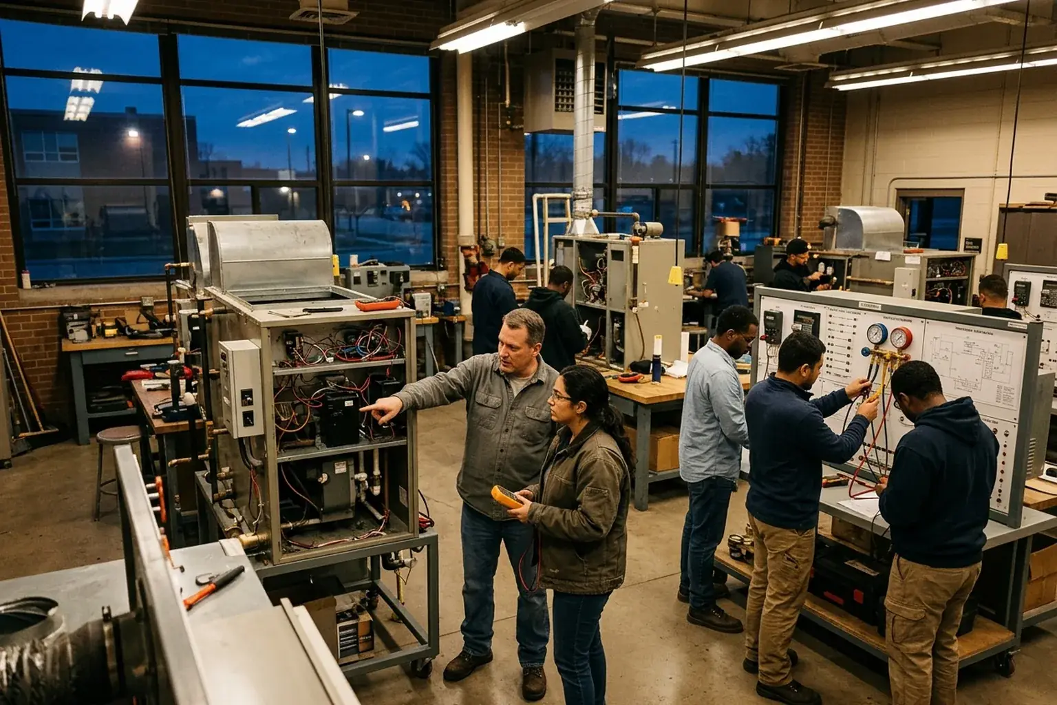 An adult student in work clothes attending an evening HVAC training class after their day job, representing trade training while working full-time