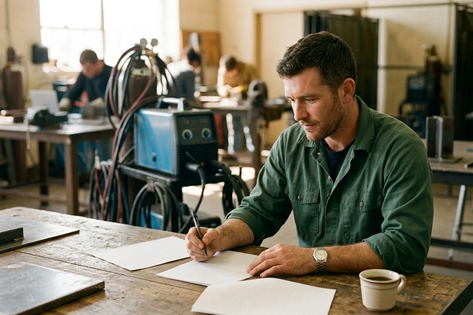 A veteran in work clothes reviewing training program paperwork at a trade school workshop, with welding equipment visible in the background