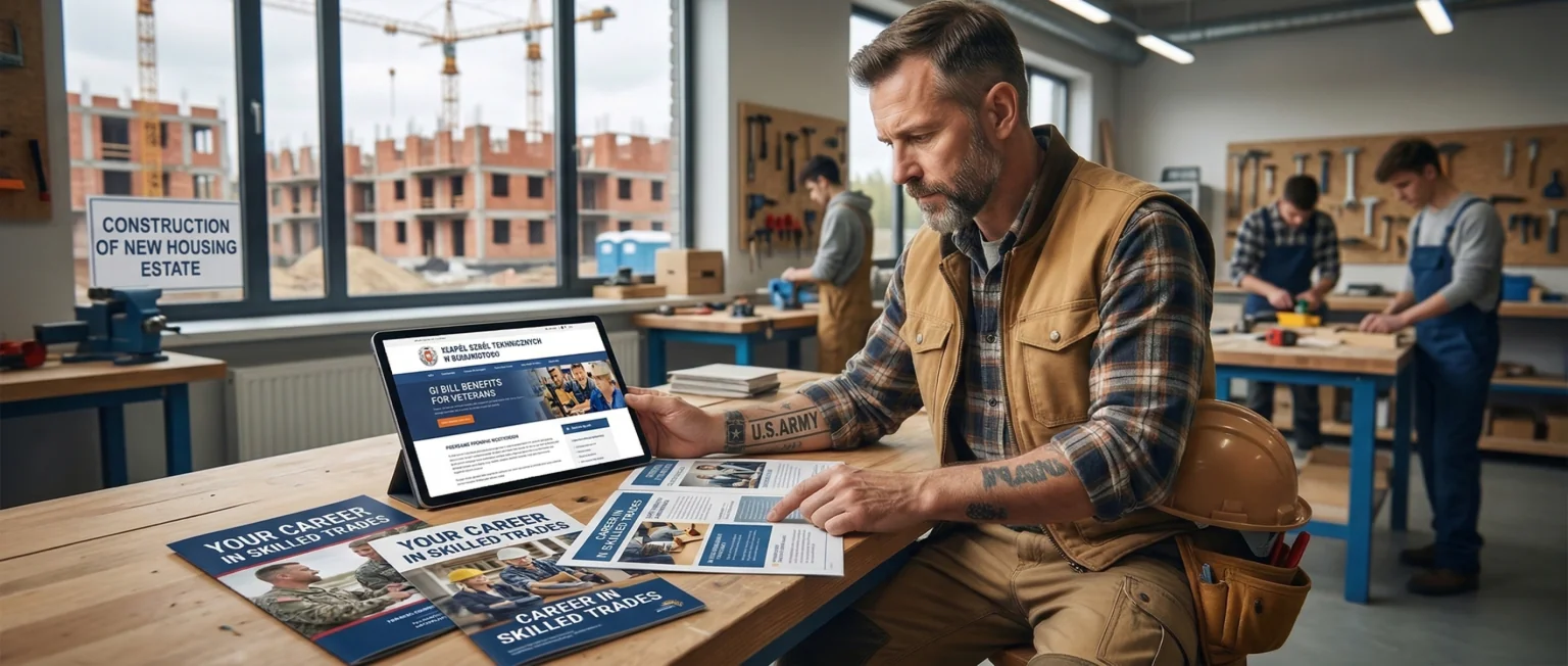 A veteran in work gear reviewing trade school materials, representing the transition from military service to a skilled trade career using GI Bill benefits