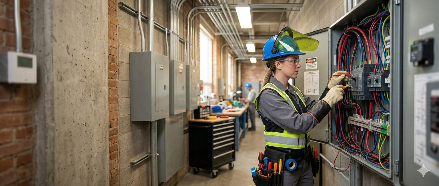 Woman in protective gear working on an electrical panel in a professional trade setting