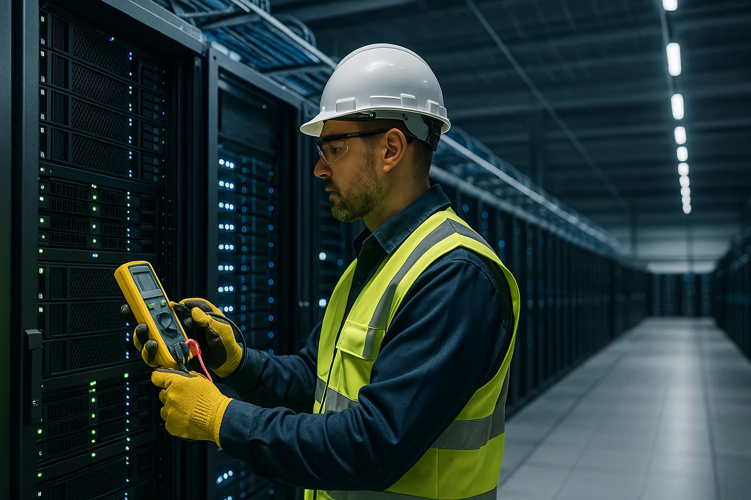 Electrician installing data center infrastructure with AI server racks in background