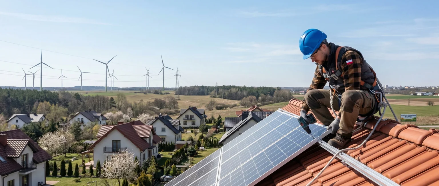 A solar panel installer working on a residential rooftop installation with wind turbines visible in the background, representing clean energy trade careers