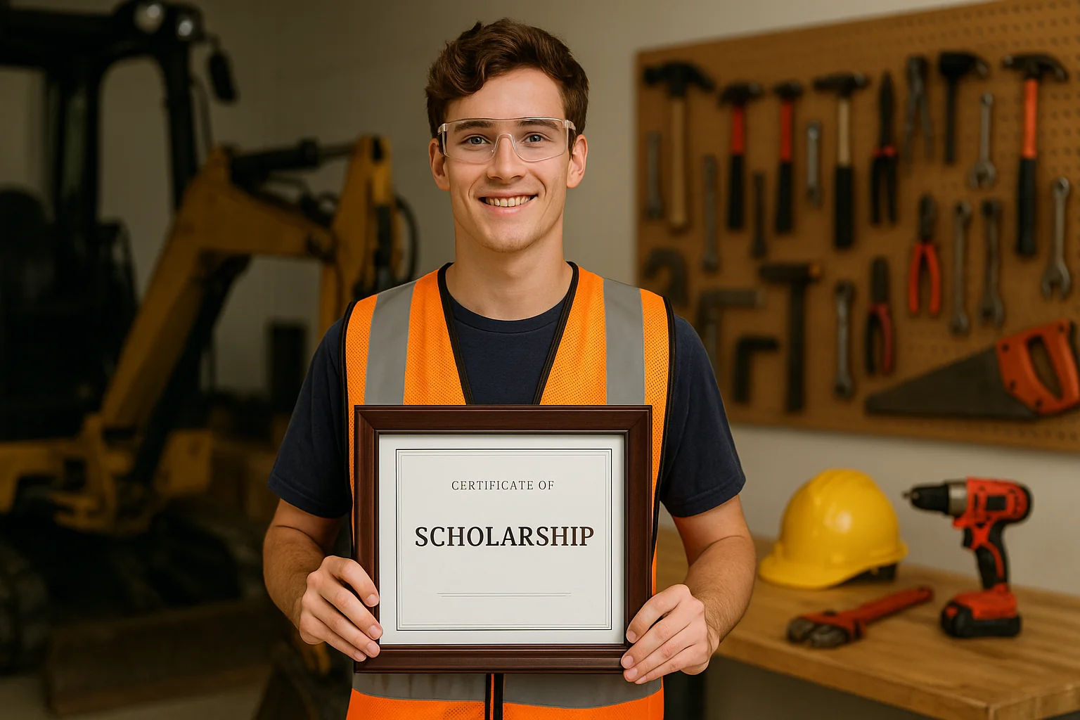 Student receiving trade scholarships with tools and construction equipment in background
