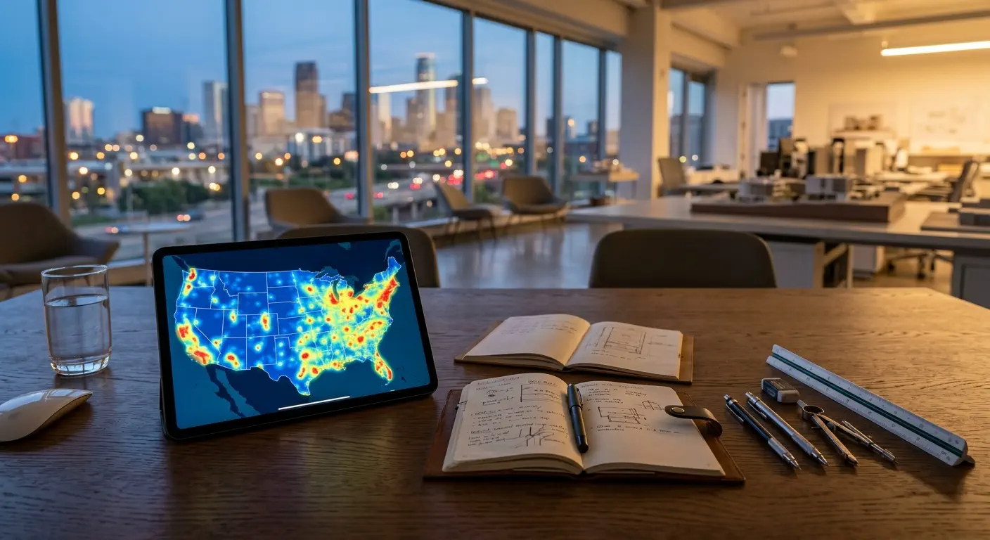 Professional workstation with a digital tablet displaying a heat map of the United States and precision planning tools
