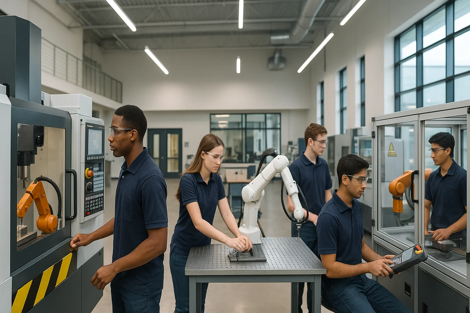 Modern technical college facility with students working in advanced manufacturing lab