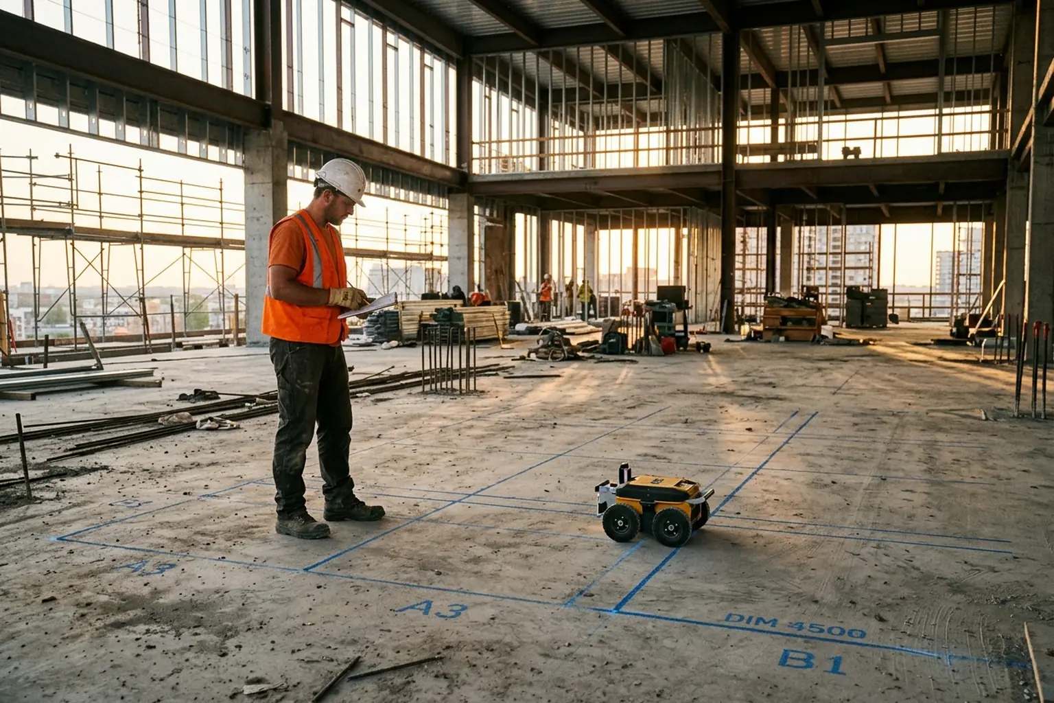 Construction worker in a safety vest supervising a floor-layout robot printing lines on a concrete slab inside a building under construction