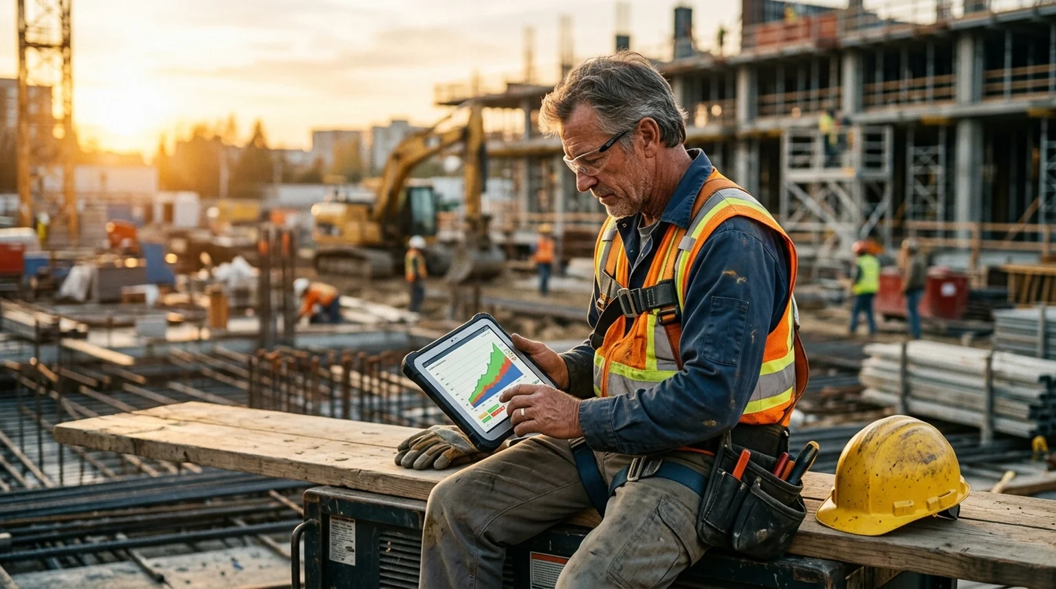 Trade professional reviewing earnings growth chart on a tablet at a job site
