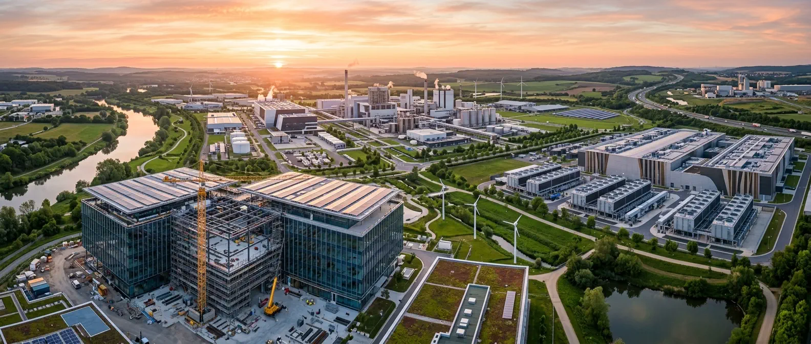 Wide-angle panorama of a futuristic industrial park at sunrise with green building construction, solar panels, and a data center