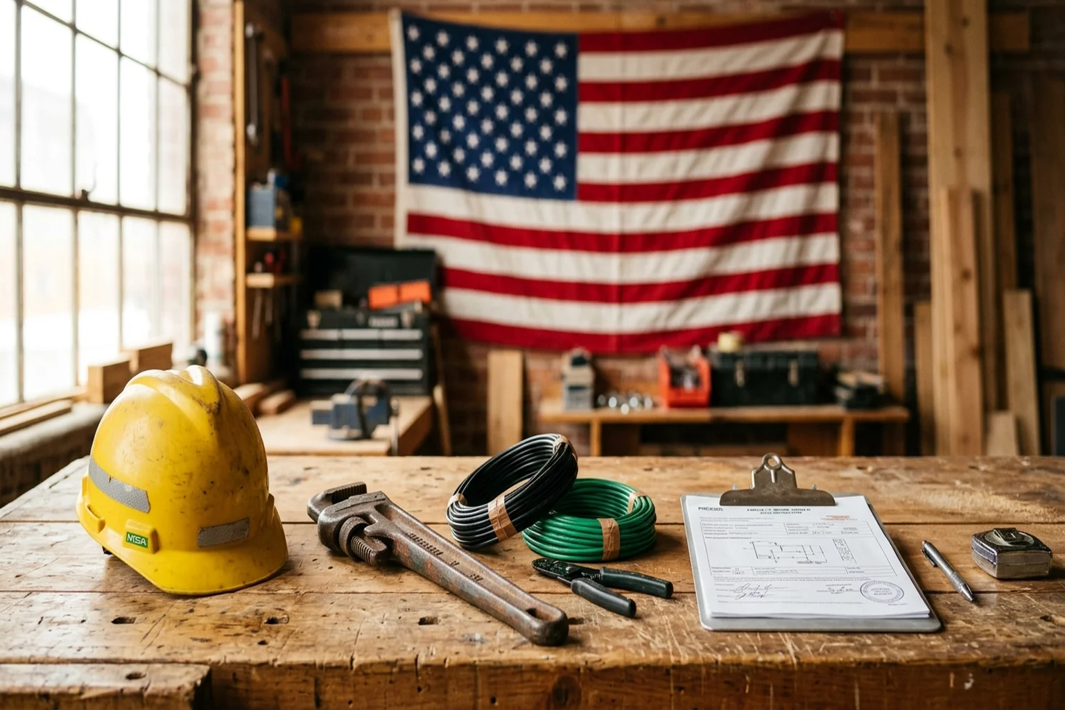 American flag backdrop with trade tools — hard hat, wrench, electrical wire — on a desk with policy documents